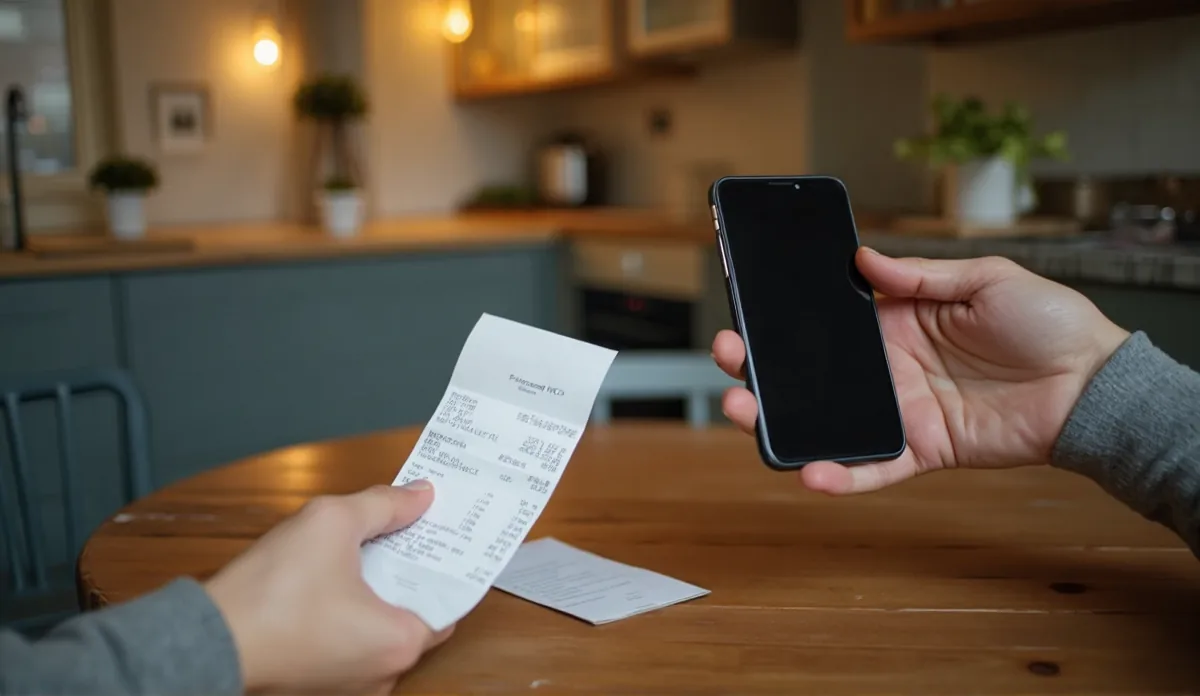 A hand photographing a paper receipt with a dark smartphone, over a kitchen table in warm light