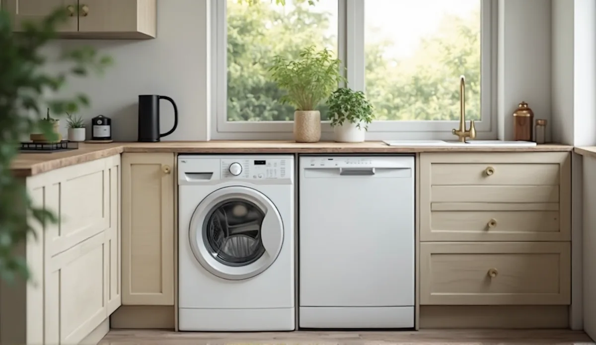 A modern kitchen with a white washing machine and dishwasher under light wood counters, morning light through the window