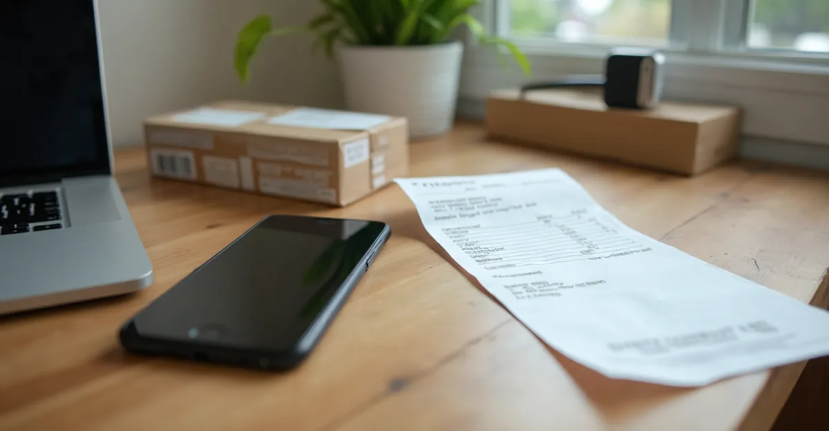 A paper receipt and a phone on a light wooden desk beside a laptop edge and two small cardboard boxes, in soft daylight.