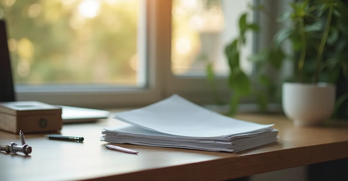 A stack of paper receipts and a card box on a wooden desk beside a closed laptop, in soft morning light