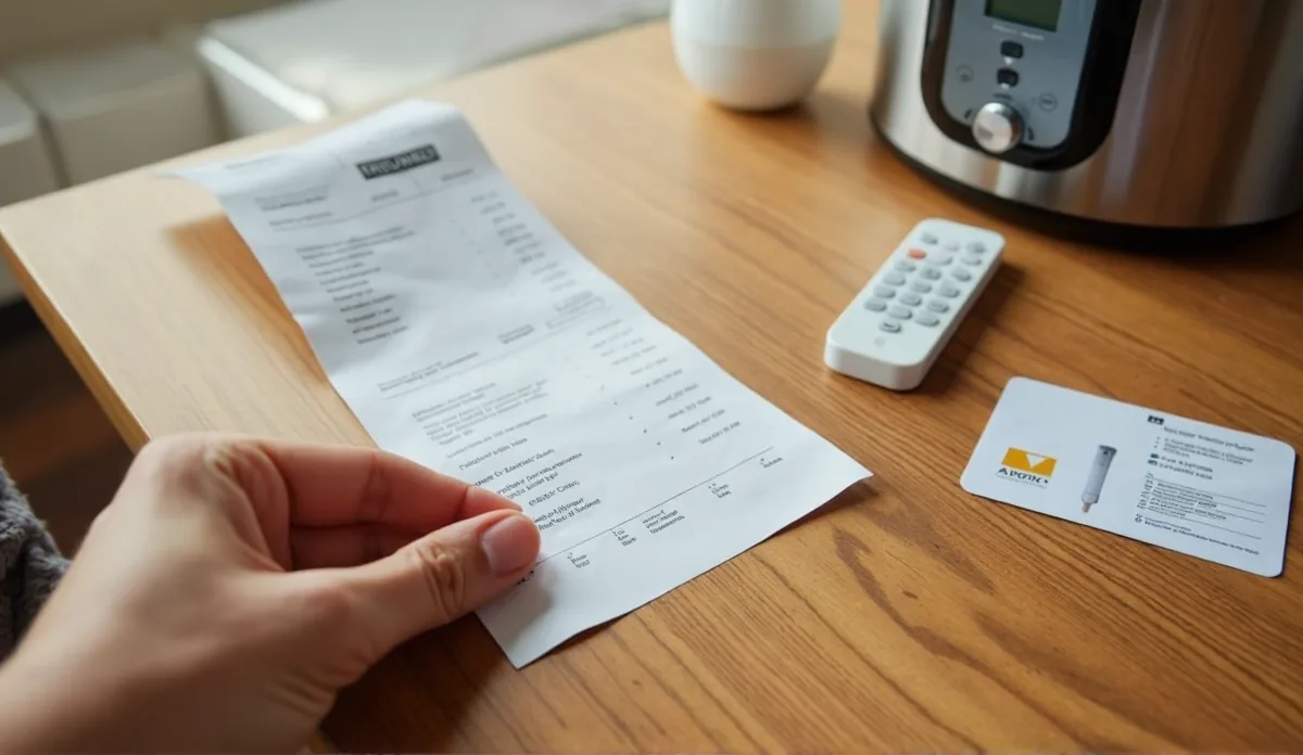 paper receipts and a warranty card on a wooden desk