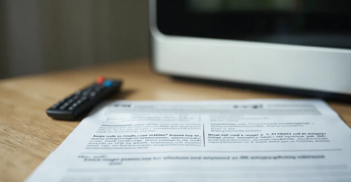 A product warranty card and registration form on a desk beside a new appliance remote control