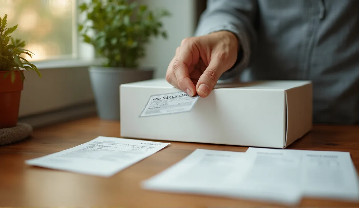 A hand placing a warranty card and a receipt next to a product box on a kitchen counter, warm natural light