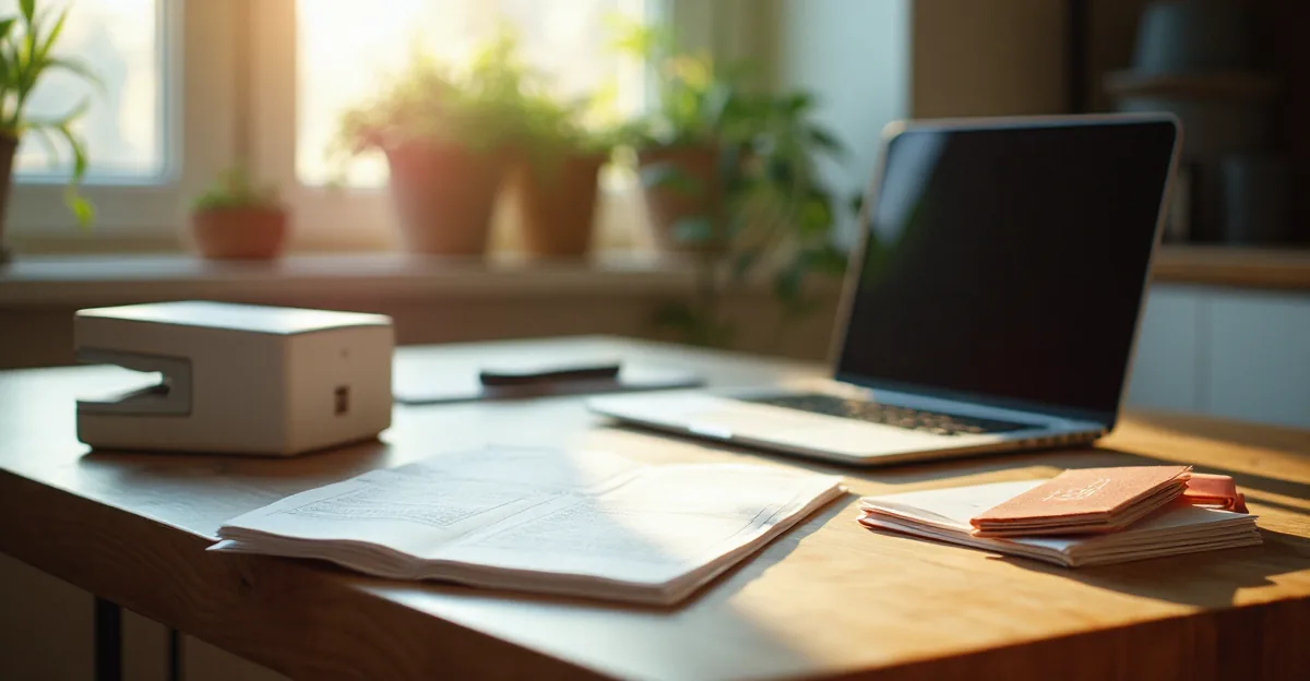 A kitchen table with a washing machine manual, a phone box, a laptop and a small stack of warranty cards spread out, warm morning light