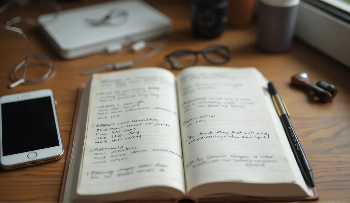 A notebook open with handwritten categories beside a smartphone and a few small household items on a wooden table