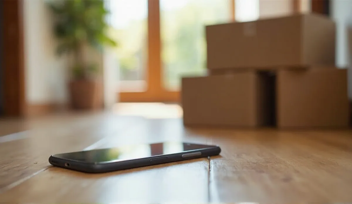 A stack of cardboard boxes in a hallway beside a smartphone on a wooden floor, natural light from a nearby window
