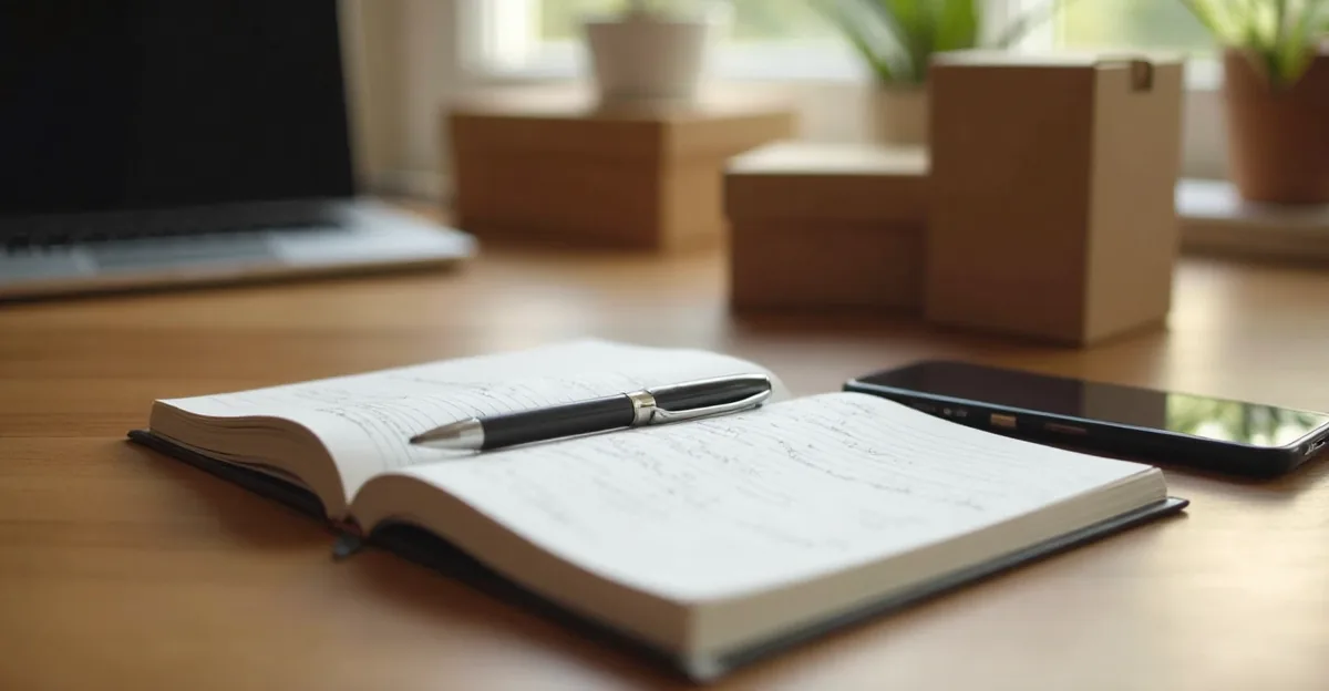 A wooden desk with a notebook open to a list, a pen, and a smartphone beside a small stack of boxes and household items