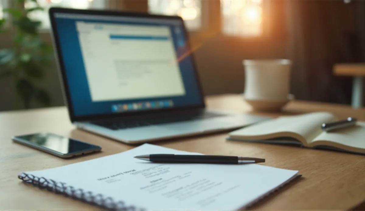 A laptop showing an email beside a printed document and pen, with a phone and coffee cup on a wooden desk