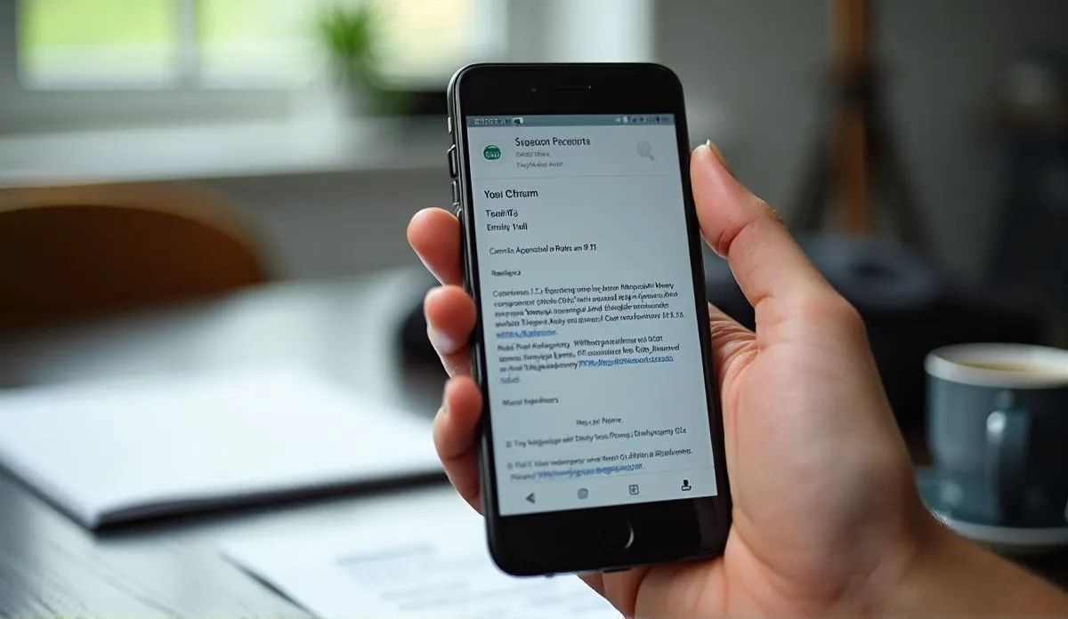 A hand holding a phone showing an email, with paperwork and a coffee cup on the desk behind