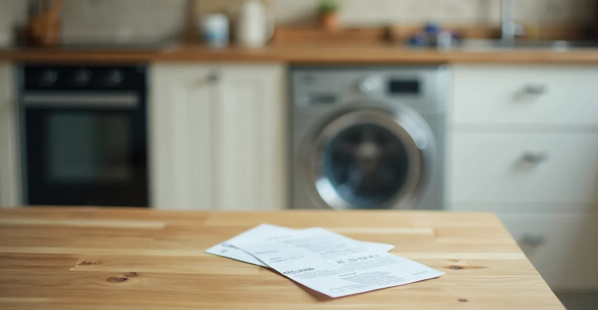 A paper receipt and a warranty card on a wooden table beside a phone showing a warranty claim email