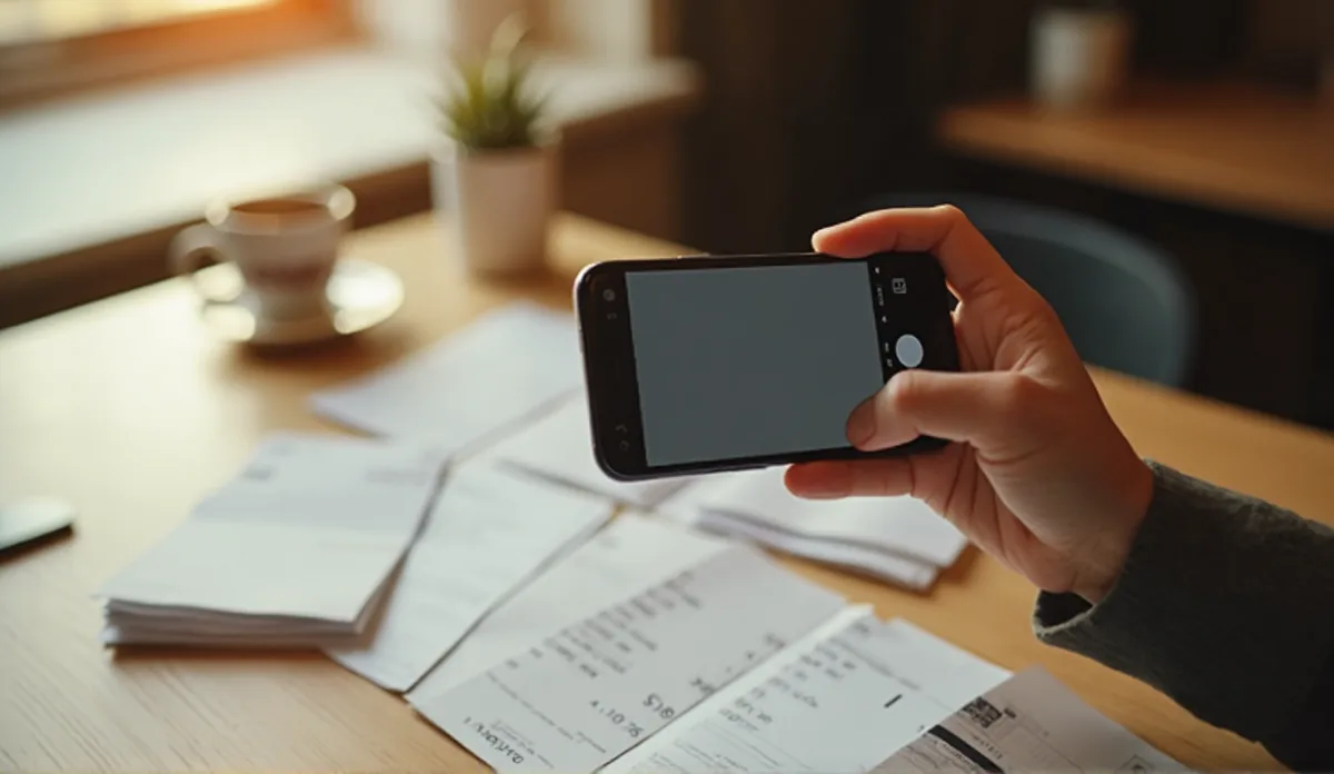 Paper receipts on a wooden desk beside a smartphone and a coffee cup, warm daylight