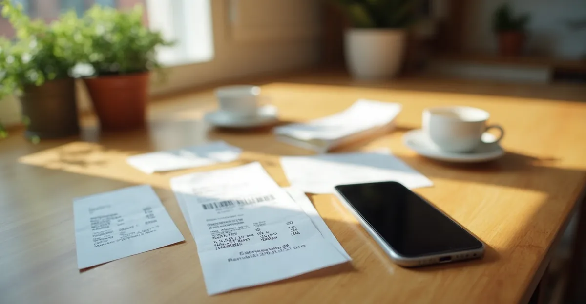 A wooden desk with a smartphone showing a photo of a receipt, a few paper receipts scattered nearby, a coffee cup, warm daylight
