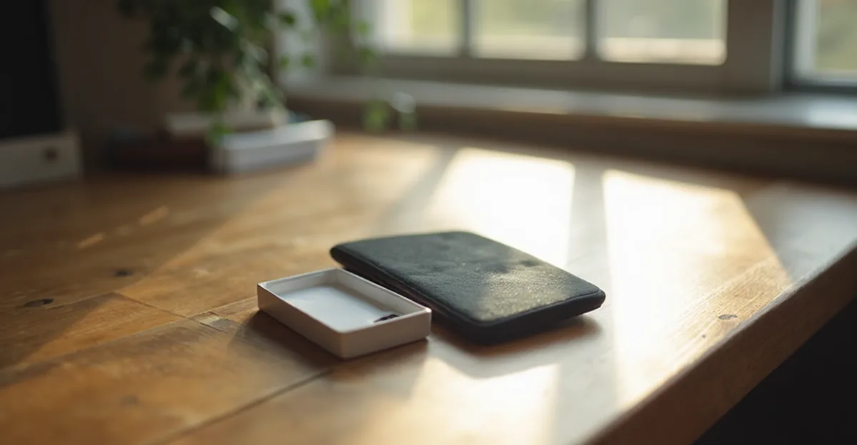A new phone and its open box on a wooden desk beside a small printed card, soft window light