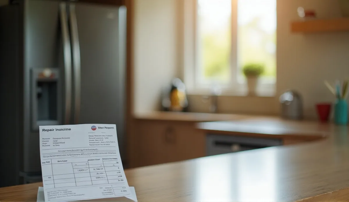 a kitchen counter with a repair estimate sheet and a refrigerator visible in the background