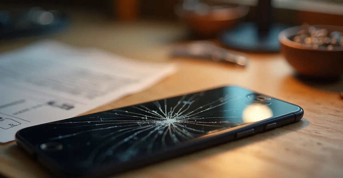 A cracked phone screen on a dark wooden table beside a small bowl of screws and a folded repair guide