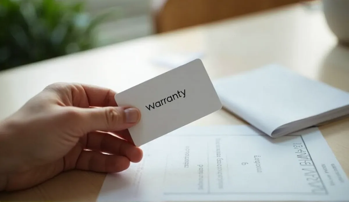 A hand holding a warranty card next to a manual and receipt on a wooden desk, soft natural light