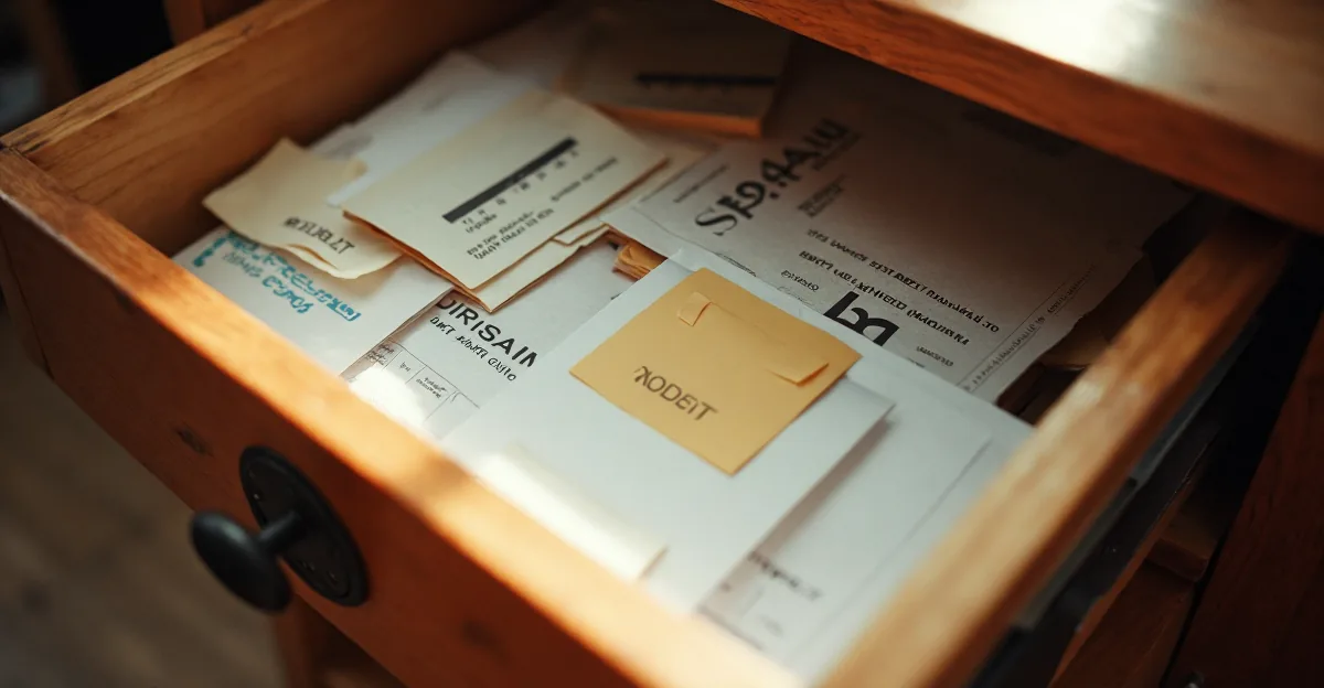 An open wooden drawer filled with paper warranty cards, instruction manuals and receipt envelopes
