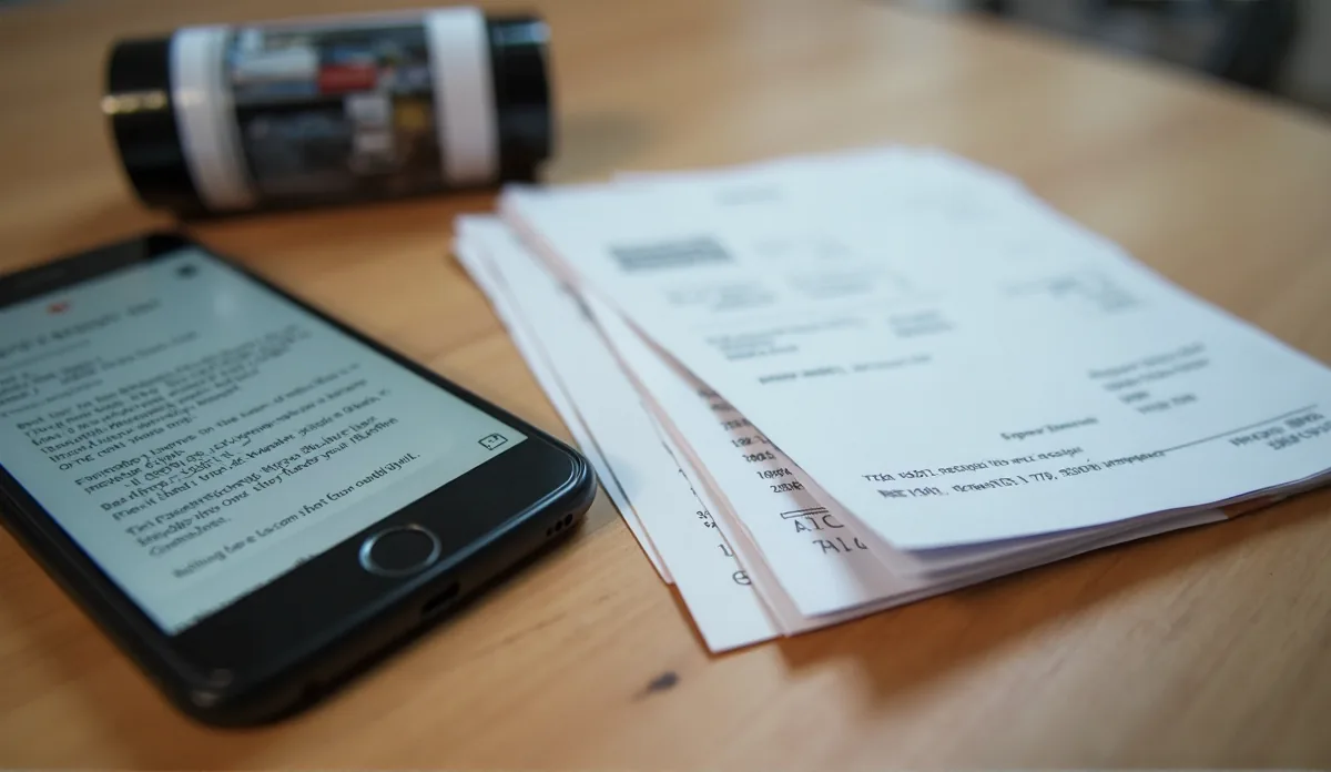A phone and a stack of paper receipts and printouts on a wooden desk