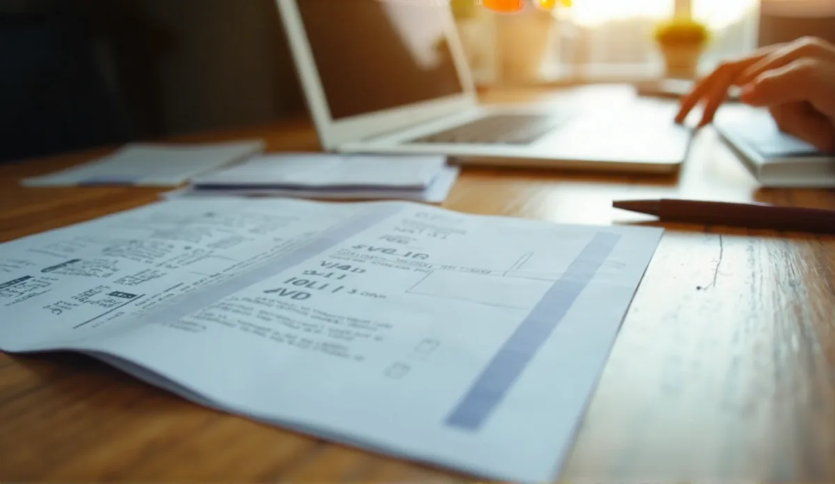 Paper receipts spread across a wooden desk, with a laptop and a hand out of focus in the warm light behind