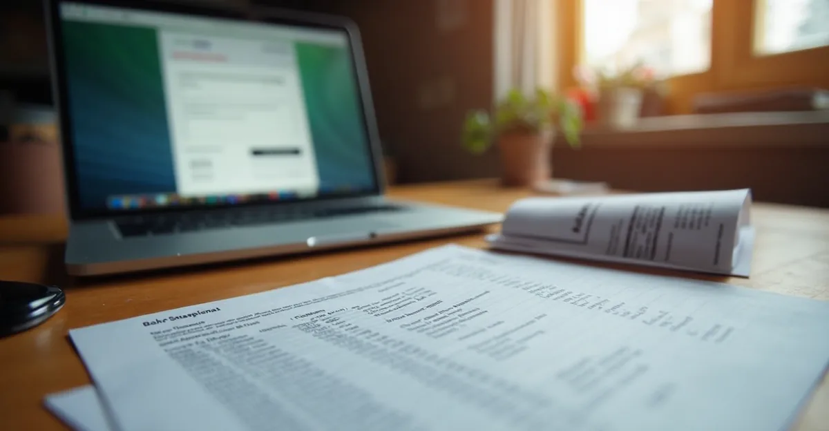 A hand holding a phone beside a stack of papers including a receipt and a printed email on a wooden desk