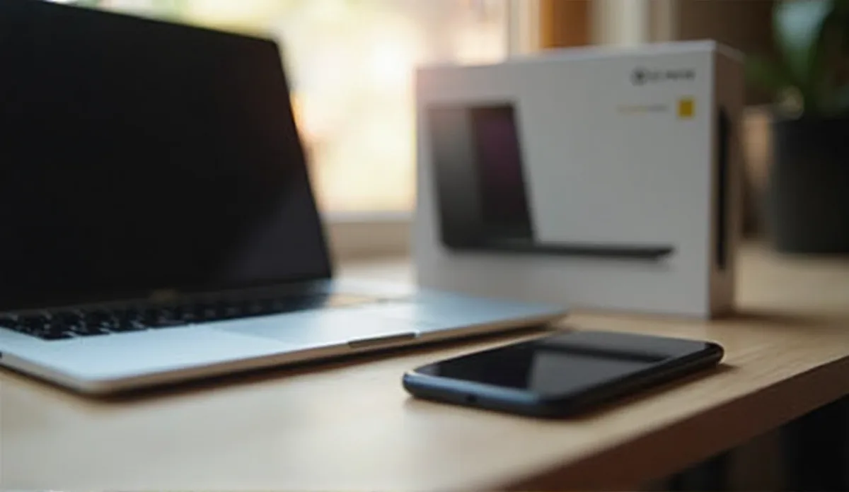 A desk with a laptop, a smartphone, and a small product box, shallow depth of field, warm lighting
