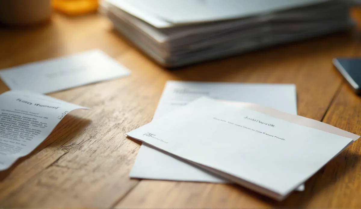 Paper warranty cards and a receipt on a wooden surface, warm natural light