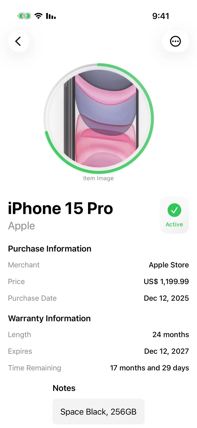 A warranty item detail screen showing an iPhone 15 Pro, its purchase price, dates and time remaining
