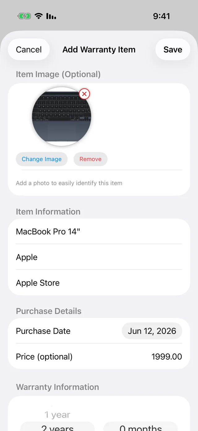 The Add Warranty Item form with a product photo, name, merchant and warranty length