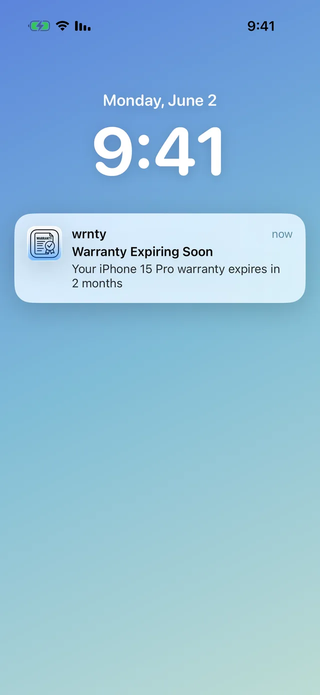 A Lock Screen notification warning that an iPhone 15 Pro warranty expires in two months