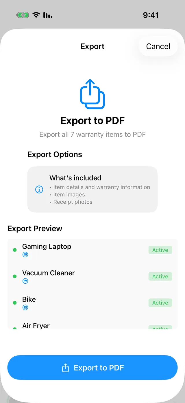 The Export to PDF screen listing warranty items ready to export for a claim
