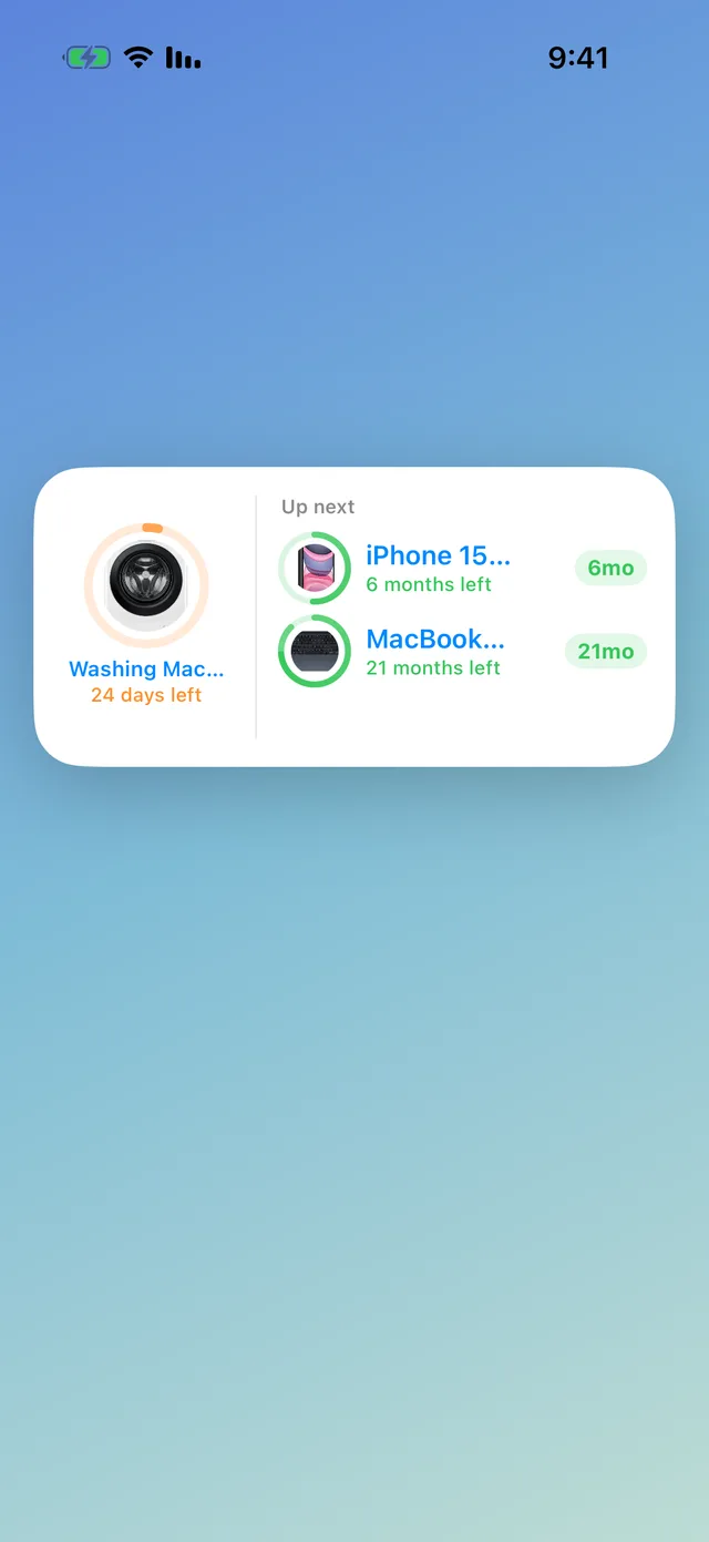 A Home Screen widget showing upcoming warranty expiries with days remaining