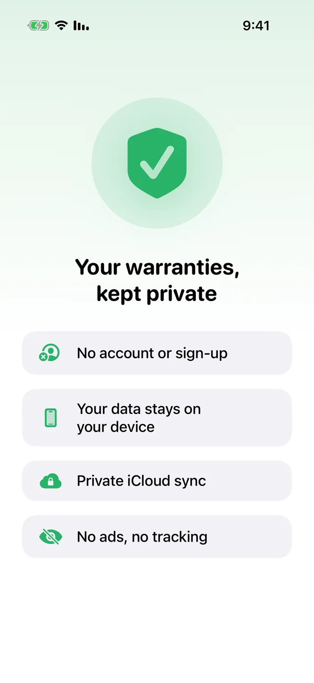 A privacy screen: no account or sign-up, your data stays on your device, private iCloud sync, no ads or tracking